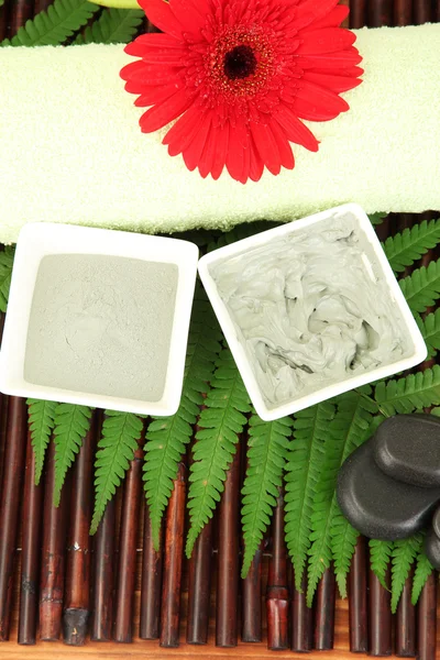 Καλλυντικά πηλό για θεραπείες spa σε κοντινό πλάνο φόντο μπαμπού — Φωτογραφία Αρχείου