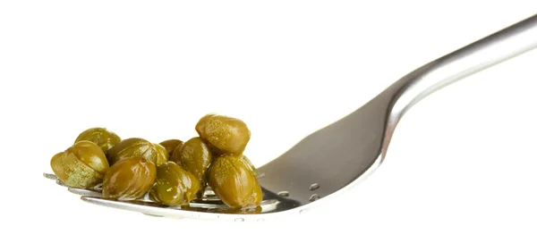 Green capers in metal fork on white background close-up — Stock Photo, Image