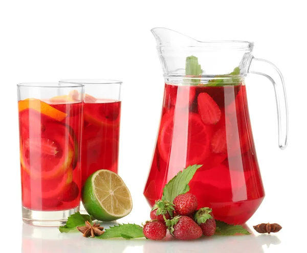 Sangria in jar and glasses with fruits, isolated on white — Stock Photo, Image