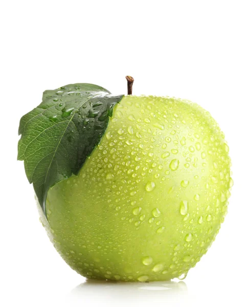 Mogen grönt äpple med leaf isolerad på vit — Stockfoto