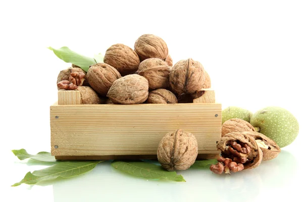 Walnuts with green leaves in woooden crate, isolated on white — Stock Photo, Image