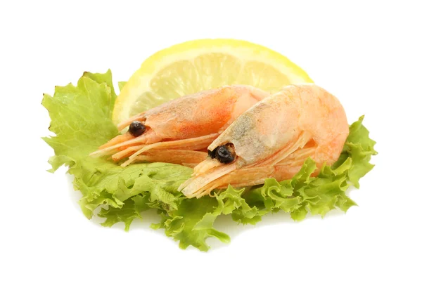 Boiled shrimps on lettuce leaves with lemon, isolated on white — Stock Photo, Image