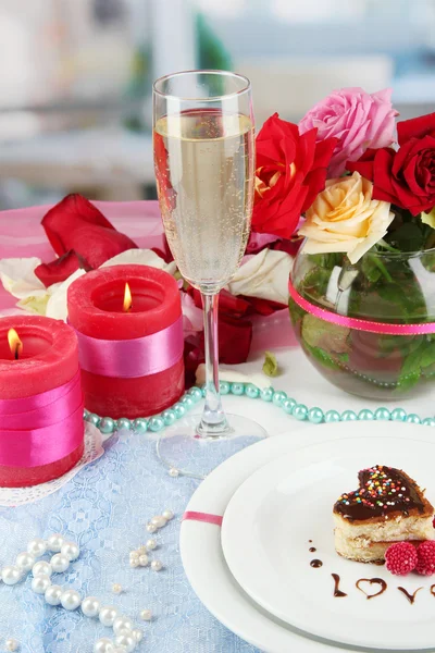 Table setting in honor of Valentine's Day on room background — Stock Photo, Image