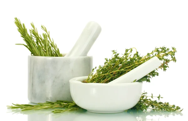 Mortars with fresh green thyme and rosemary isolated on white — Stock Photo, Image
