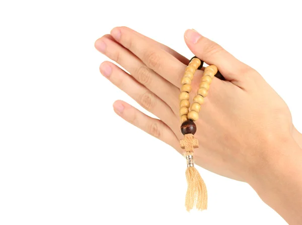 Hands in Prayer with Crucifix on white background close-up — Stock Photo, Image