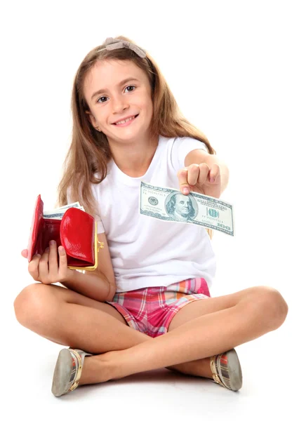Beautiful little girl and purse with money, isolated on white — Stock Photo, Image