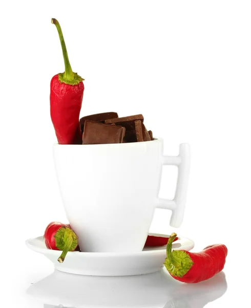 White cup with hot chocolate and chili pepper isolated on white — Stock Photo, Image