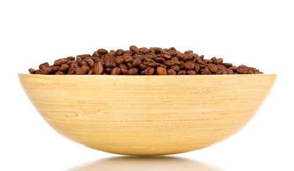 Coffee beans in bamboo bowl isolated on white — Stock Photo, Image