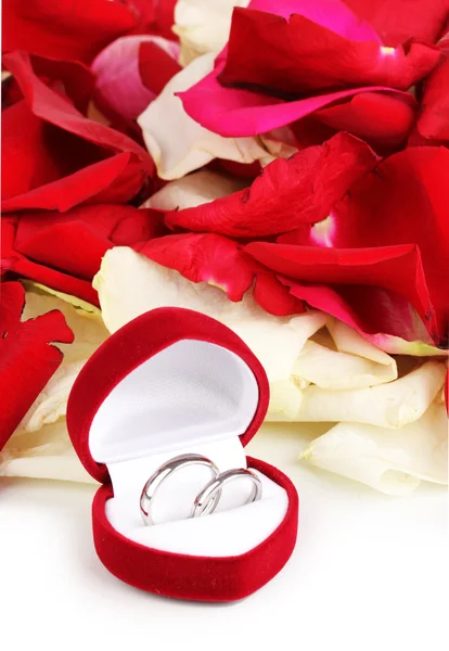 Beautiful box with wedding rings on red, white and pink rose petals background isolated on white — Stock Photo, Image