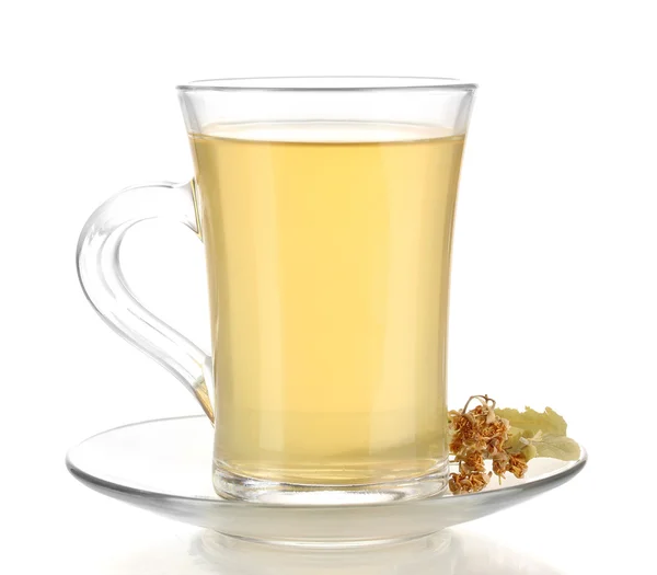 Xícara de chá de vidro com tília isolada em branco — Fotografia de Stock