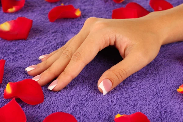 Mano della donna su asciugamano di spugna viola, primo piano — Foto Stock