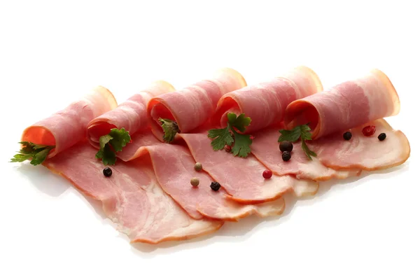 Pancetta saporita con spezie, isolata su bianco — Foto Stock