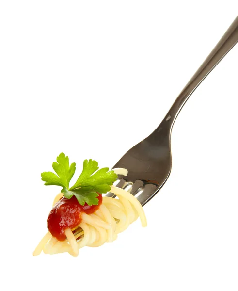 Heerlijke spaghetti op vork close-up op witte achtergrond — Stockfoto