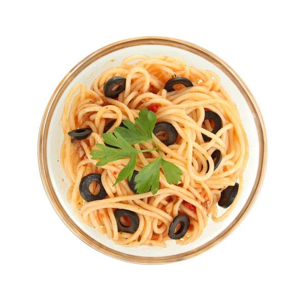 Italian spaghetti in plate isolated on white — Stock Photo, Image