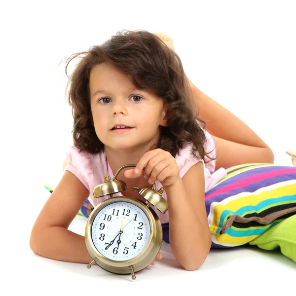 Hermosa niña con almohadas aisladas en blanco — Foto de Stock