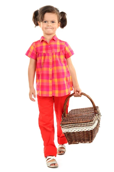 Beautiful little girl with basket isolated on white — Stock Photo, Image