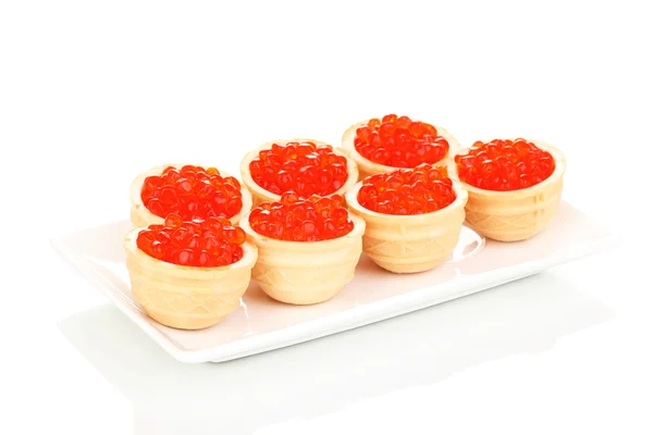 Red caviar in tartlets on white plate isolated on white — Stock Photo, Image