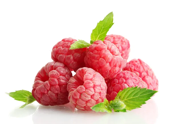 Ripe raspberries with mint isolated on white — Stock Photo, Image