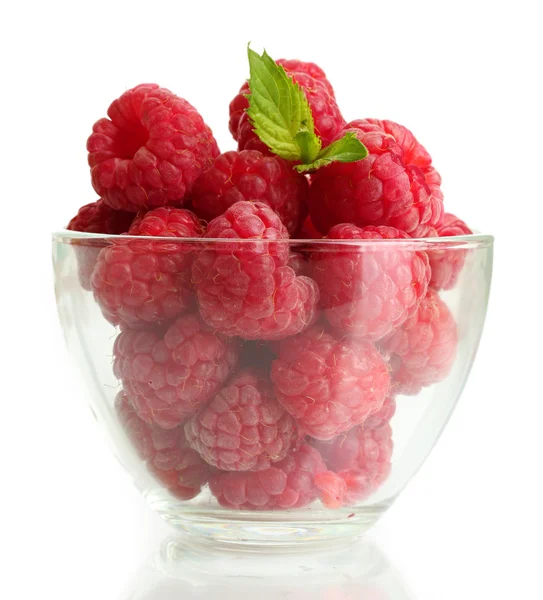Ripe raspberries with mint in glass bowl isolated on white — Stock Photo, Image