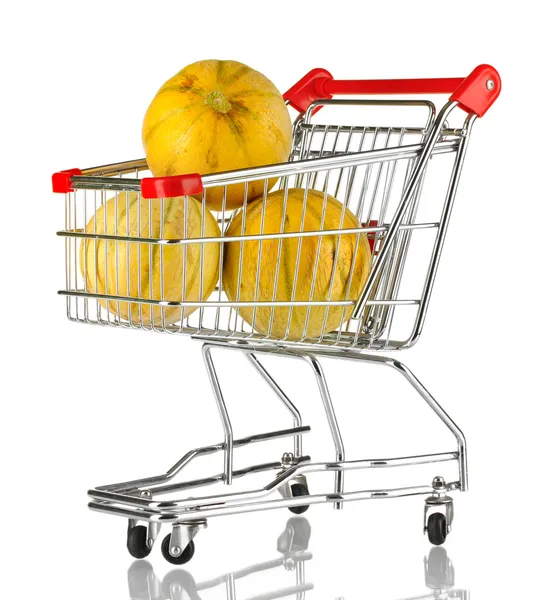 Melons sucrés dans un chariot métallique isolé sur blanc — Photo