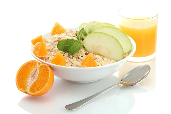 Tasty oatmeal with orange and apple, isolated on white — Stock Photo, Image