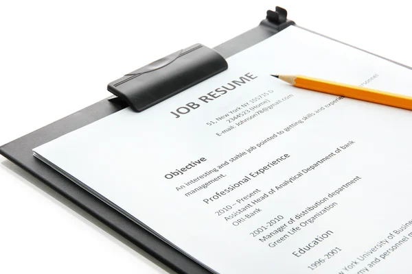 Resume with pencil on clipboard, isolated on white — Stock Photo, Image