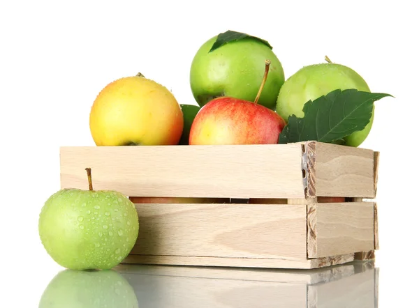 Sweet apples in wooden crate, isolated on white — Stock Photo, Image