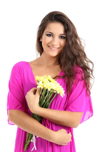 Joven hermosa chica con flores sobre un fondo blanco —  Fotos de Stock