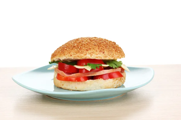 Sanduíche apetitoso na placa de cor isolada no branco — Fotografia de Stock