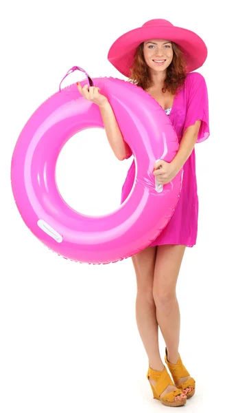 Krásná dívka s pláž hat, brýle a gumovým kroužkem izolované na bílém — Stock fotografie