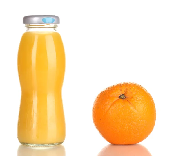 Delicious orange juice in a bottle and orange next to it isolated on white — Stock Photo, Image