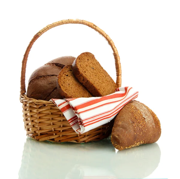 Tasty rye bread in basket, isolated on white — Stock Photo, Image