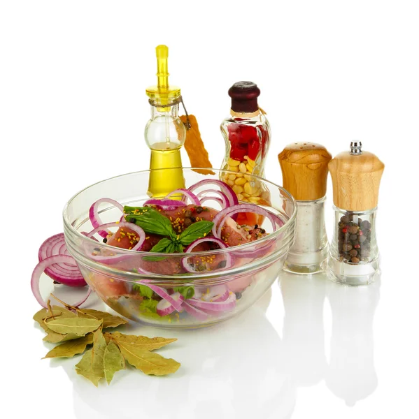 A large piece of pork marinated in bowl with herbs, spices and cooking oil — Stock Photo, Image