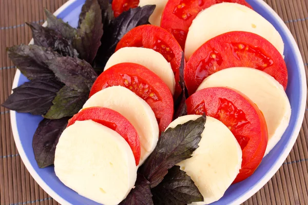 Tasty mozzarella with tomatoes on plate on mat — Stock Photo, Image