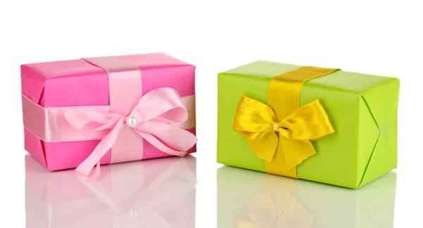 Colorful pink and green gifts isolated on white — Stock Photo, Image