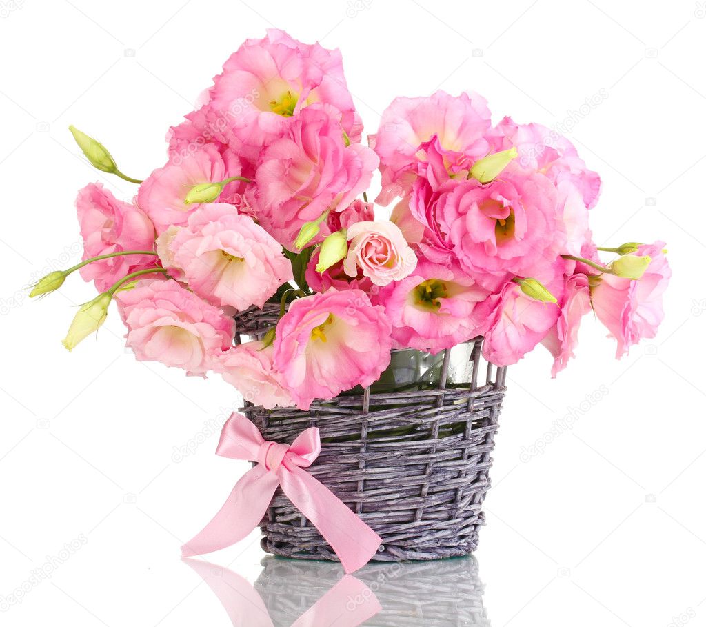 bouquet of eustoma flowers in wicker vase, isolated on white