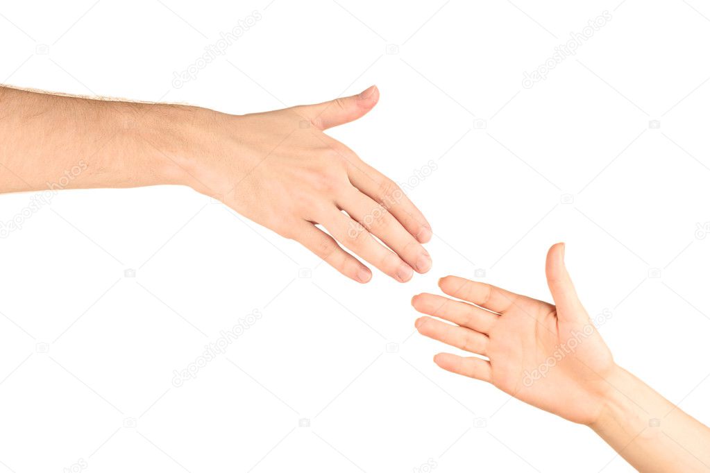 Women's hand goes to the man's hand on white background