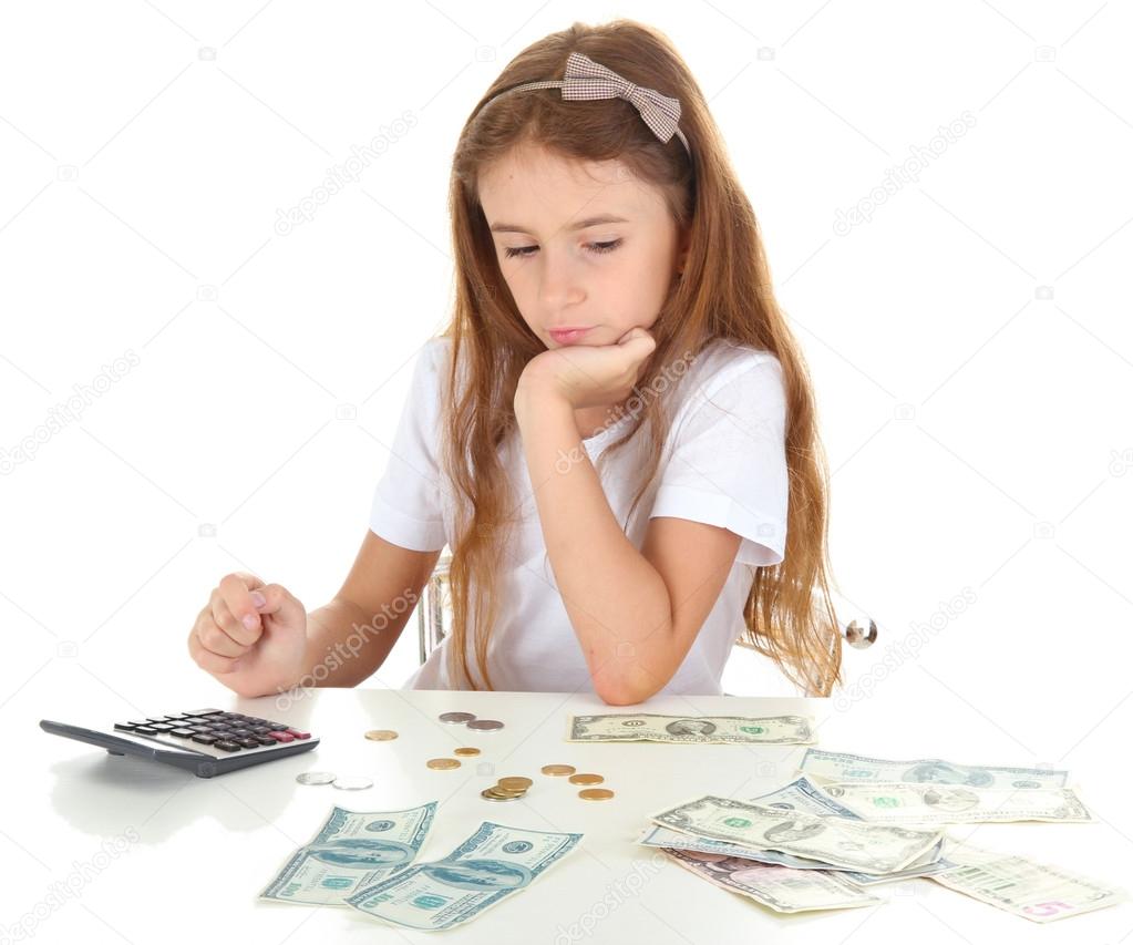 beautiful little girl with money, isolated on white