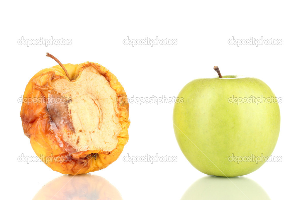 rotten apple and fresh apple as concept of skin problems, isolated on white