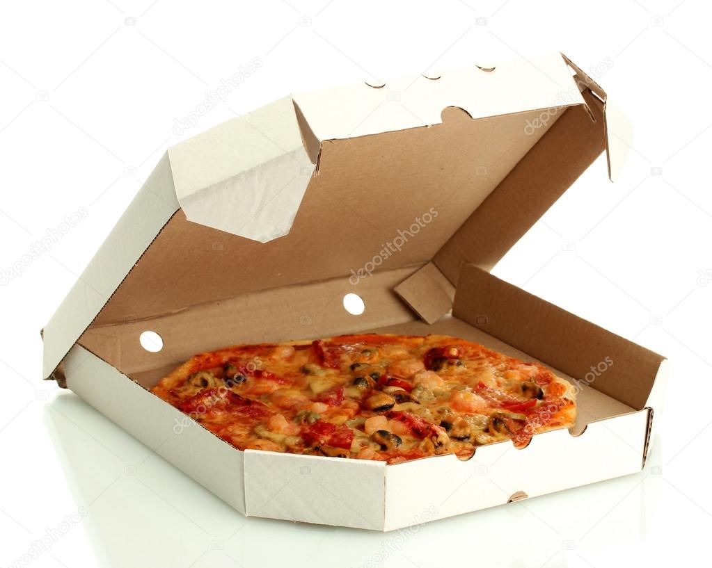 Tasty pizza in box isolated on white