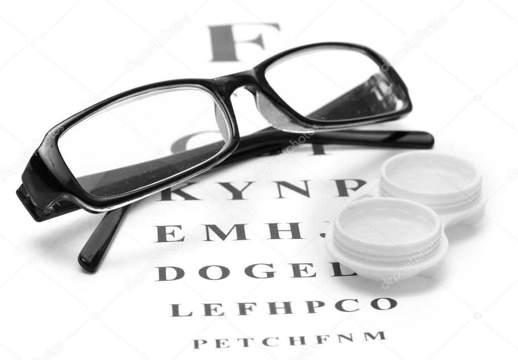 glasses and contact lenses in containers, on snellen eye chart background