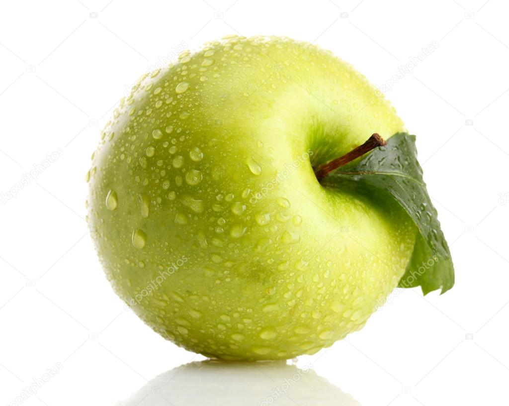 One ripe yellow apple fruit with green leaf isolated on white