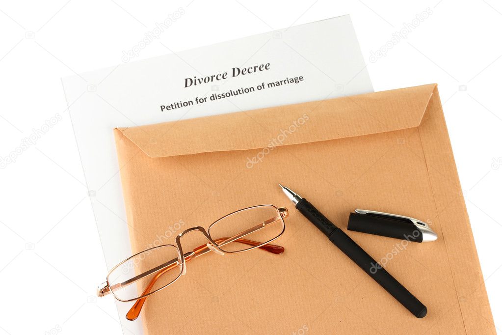 Divorce decree and envelope on white background