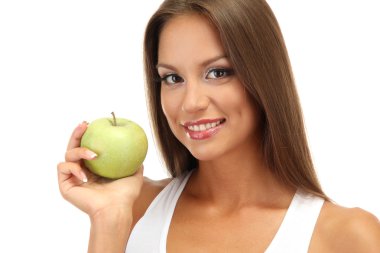 Yeşil elma, üzerinde beyaz izole olan güzel kadın