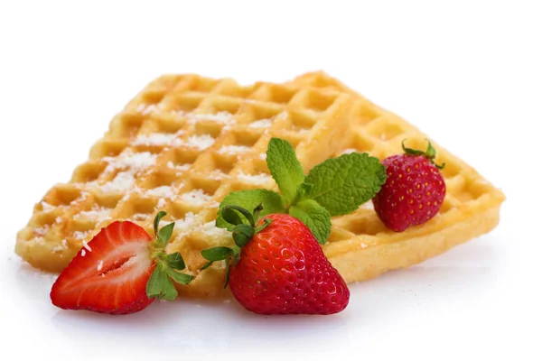Belgium waffles with strawberries and mint isolated on white — Stock Photo, Image