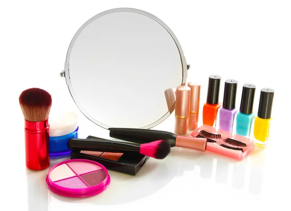 Cosmetics near mirror isolated on white — Stock Photo, Image