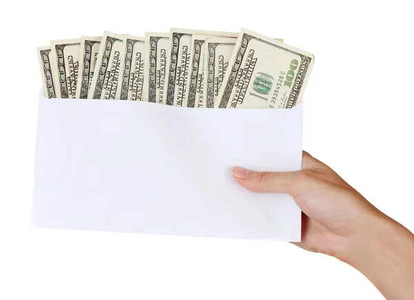 Woman's hand passes the envelope with the salary on white background — Stock Photo, Image