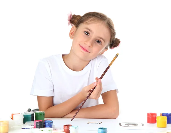 Cute little girl painting a picture, isolated on white — Stock Photo, Image