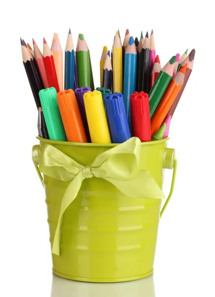 Colorful pencils and felt-tip pens in green pail isolated on white — Stock Photo, Image