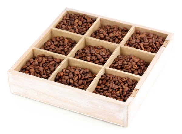 Coffee beans in wooden box isolated on white — Stock Photo, Image